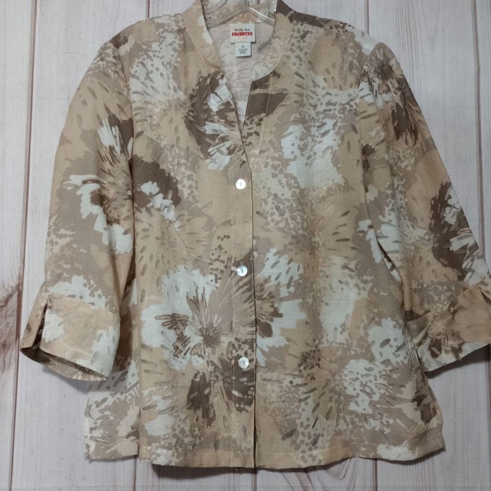 Ruby Rd Favorites Womens 12 Tan Brown Floral Burnout 3/4 Sleeve Button Up Blouse